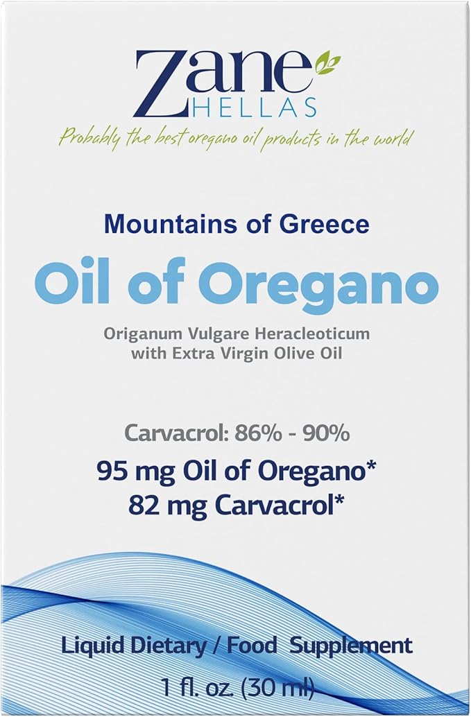 Zane Hellas 50% Oregano Oil. Greek Essential Oil of Oregano .86% Min Carvacrol. 82mg Carvacrol Per Serving. Probably The Best Oregano Oil in The World. 1 fl. oz.- 30ml