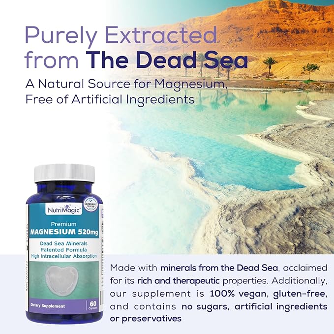 520mg Active Elemental Magnesium from The Dead Sea (from Oxide), Patented High Absorption, Pure Mineral Complex for Muscle, Bone, Brain Health Support, 1 Capsule Per Day, 60 Vegan Capsules