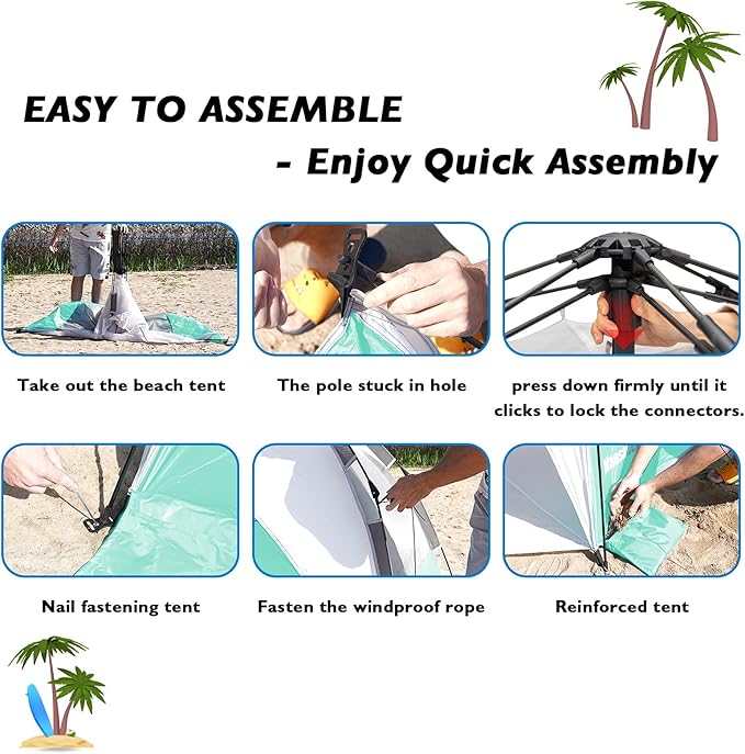 Beach Tent Pop Up Shade, Instant Beach Tents Sun Shelter with UPF 50+ UV Protection, Lightweight & Easy Setup Tent 2-6 Person