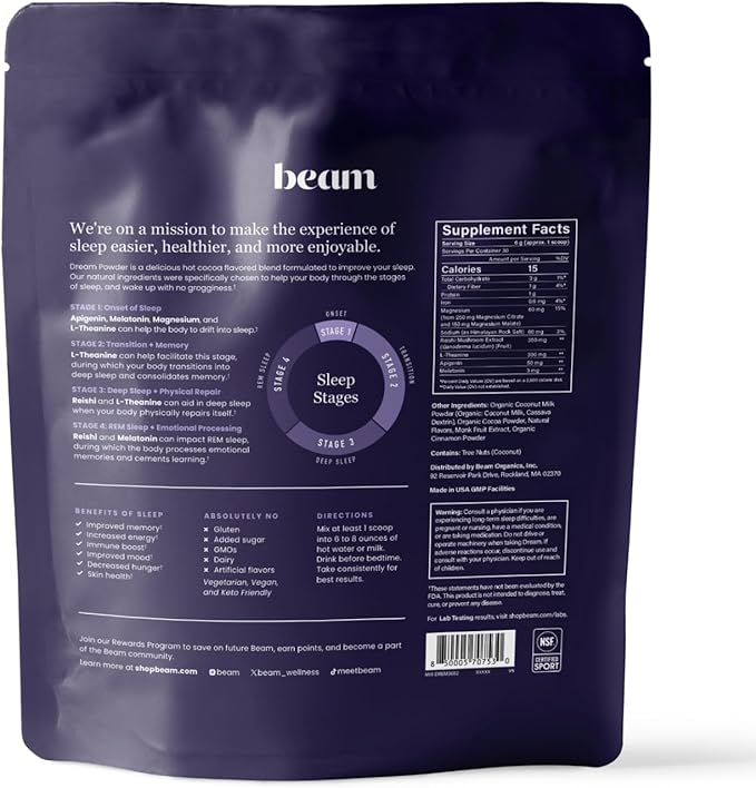 Beam Dream Sleep Powder, Natural Sleep Aid and Magnesium Hot Cocoa Drink for Adults, Calming Sleep Supplement with Apigenin, Nighttime Sleep Drink Powder, Third Party Tested Supplement, 30 Servings