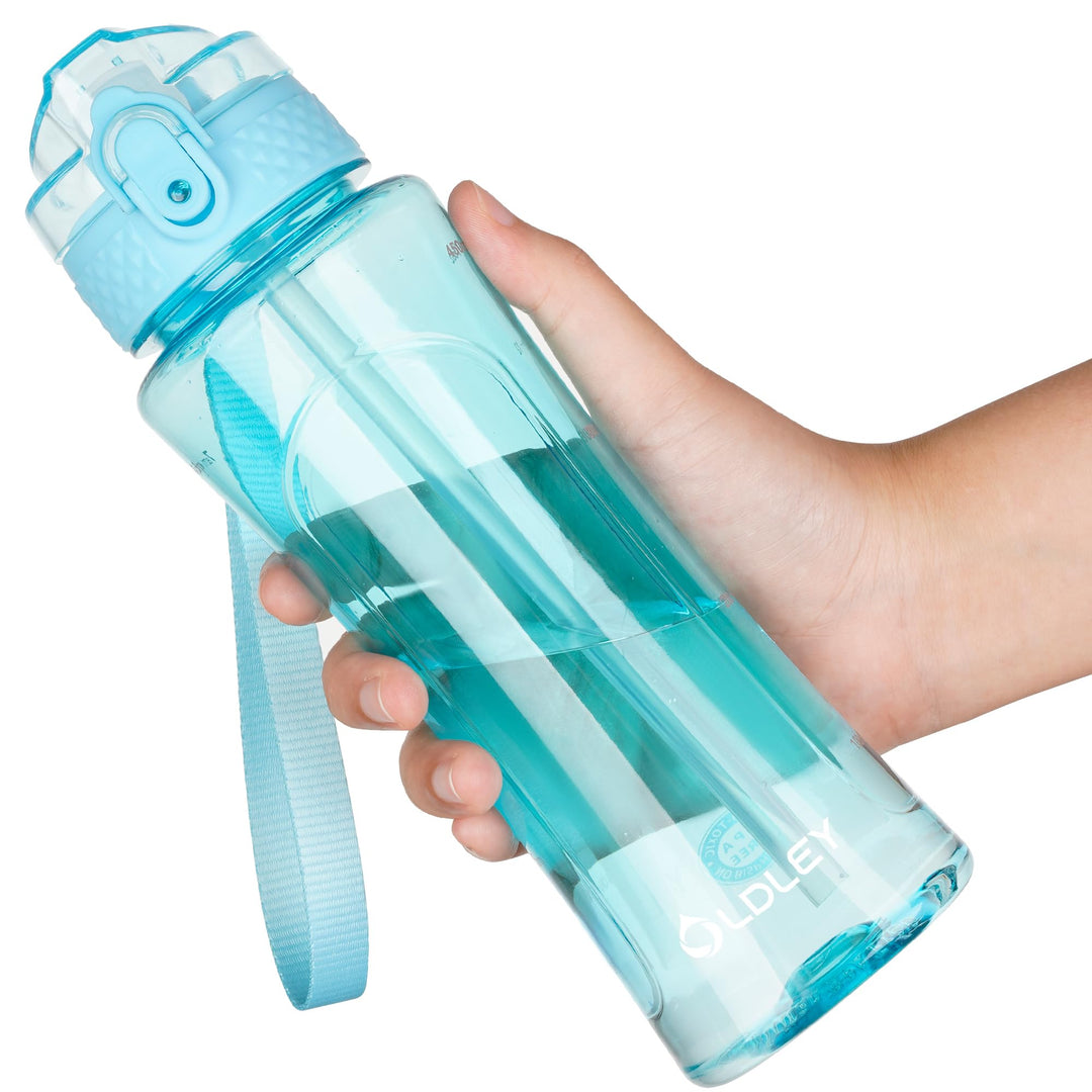 OLDLEY Kids Water Bottle with Straw 15 oz BPA-Free Leak-Proof Motivational Water Bottles with Time Marker for School Sports Travel Gym, Easy to Use for Girls Goys, 1 Straw Lid, Transparent-blue