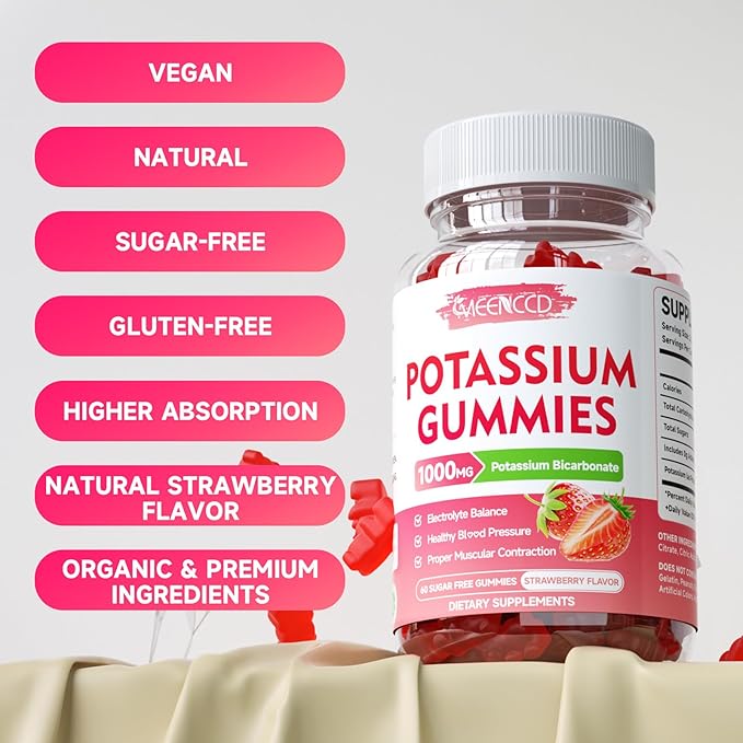 Potassium Gummies 1000mg, Potassium Bicarbonate Supplement for Adults & Kids, Potassium Supplement for Electrolyte Balance & Muscle Heath, Sugar-Free, Strawberry Flavor, 60 Count