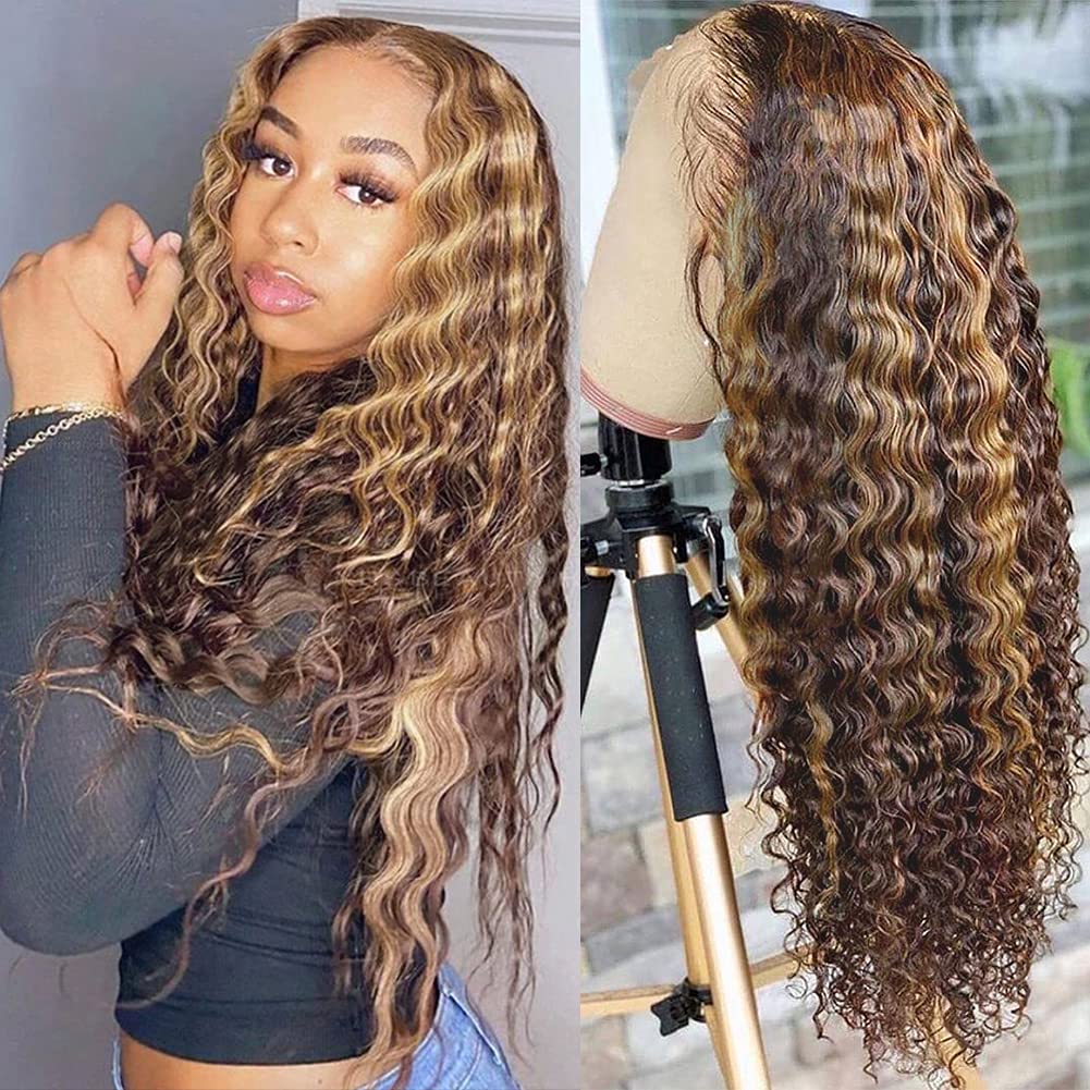 Pizazz 13X4 Transparent Honey Blonde Deep Wave Human Hair Wigs For Black Women 180 Density Ombre Highlight Hd Lace Frontal Wigs