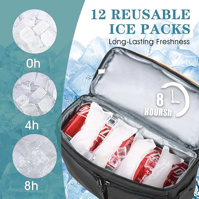 Backpack Cooler with Double Decker & 12 Ice Packs- Keeps 36 Cans Cold for Up to 24 Hours- Waterproof & Leak Proof Insulated Cooler Backpack- Stylish Cooler Bookbag for Women Travel Work Beach