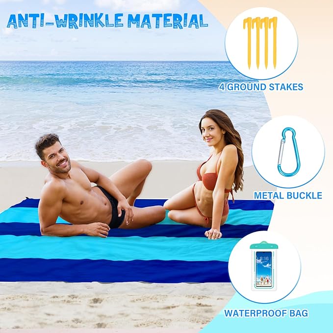 Beach Blanket Waterproof Sandproof 1-7 Adult Oversized 78 '' × 81 '' Lightweight Durable Compact Sand Free Beach Mat for Travel Camping Hiking Picnic Blanket