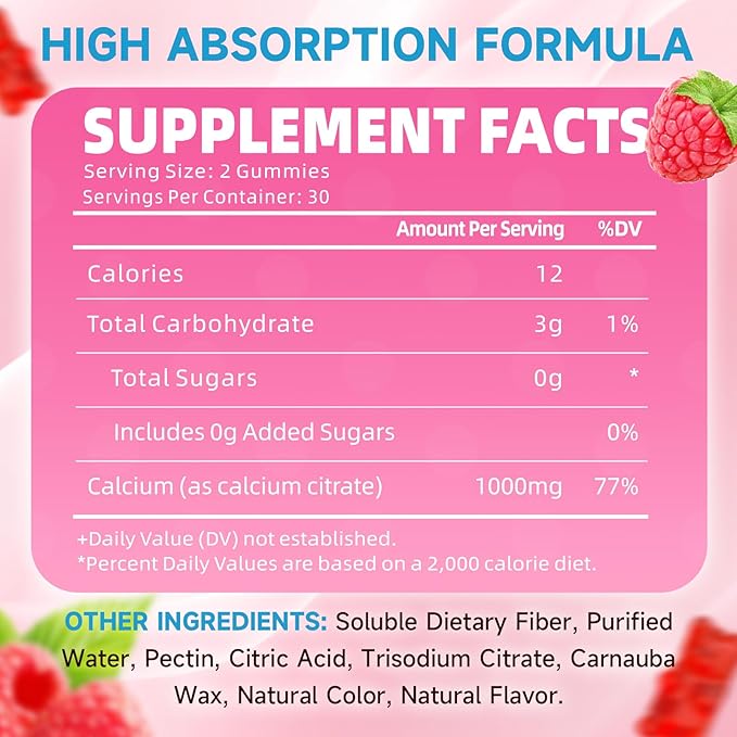 2 Pack Calcium Citrate Gummies, Sugar Free Calcium Citrate 1000mg for Muscle Healthy, Absorption Calcium Supplements for Adults & Kids, Raspberry, 120 Count