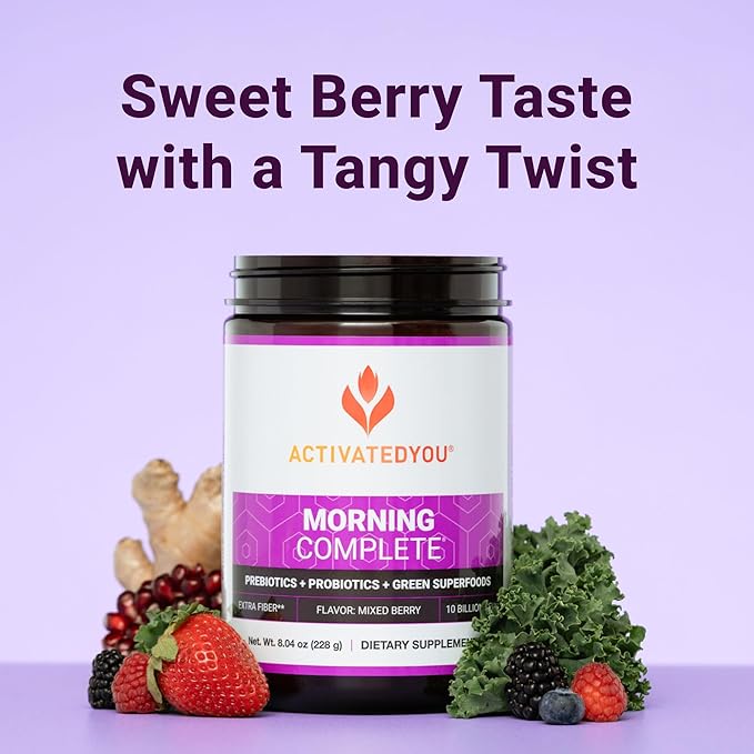 ACTIVATEDYOU Morning Complete Daily Wellness Greens Superfood Drink Mix for Gut Health w/Prebiotics, Probiotics, Antioxidants, Green Superfoods, 10 Billion CFUs, 30 Servings (Mixed Berry)