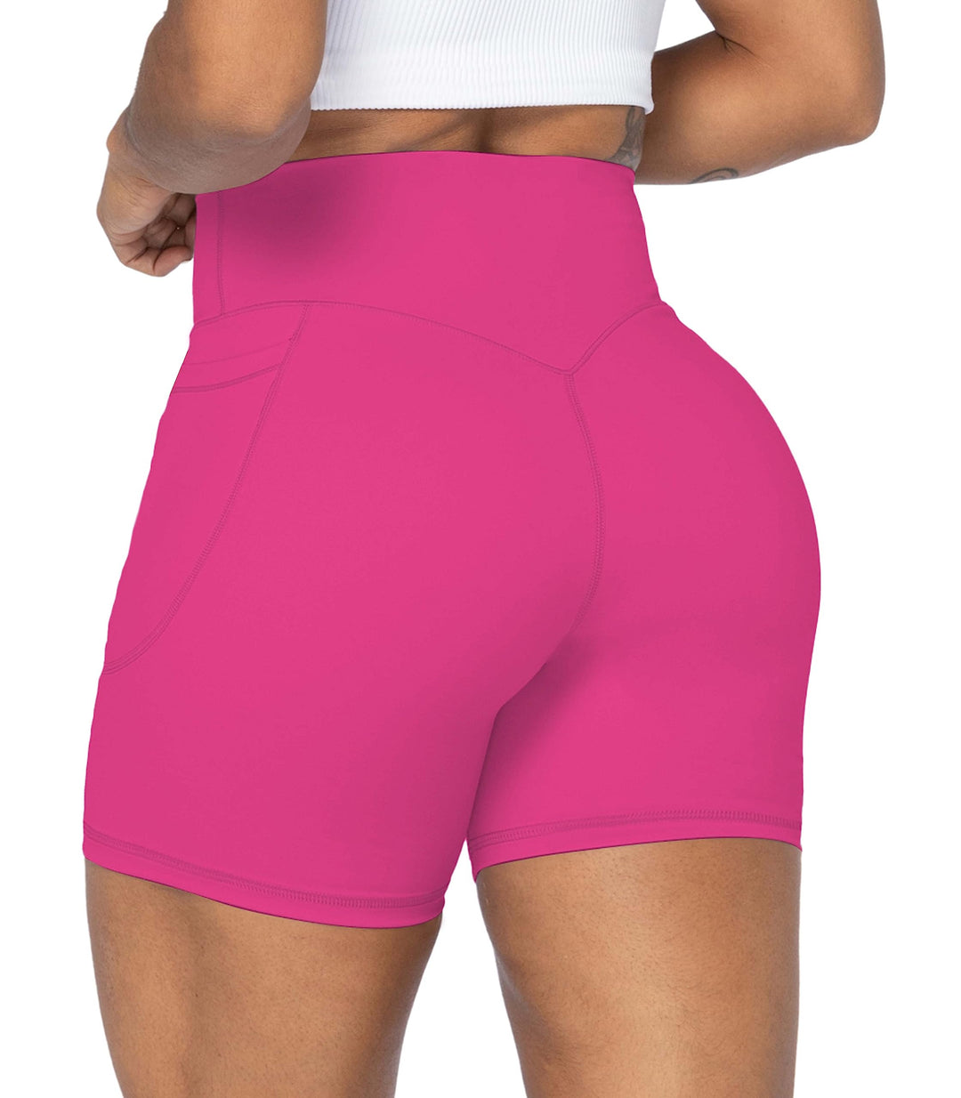 Sunzel No Front Seam Biker Shorts for Women with Pockets, Yoga Workout Gym Bike Shorts with Tummy Control 5" Sonic Pink X-Small