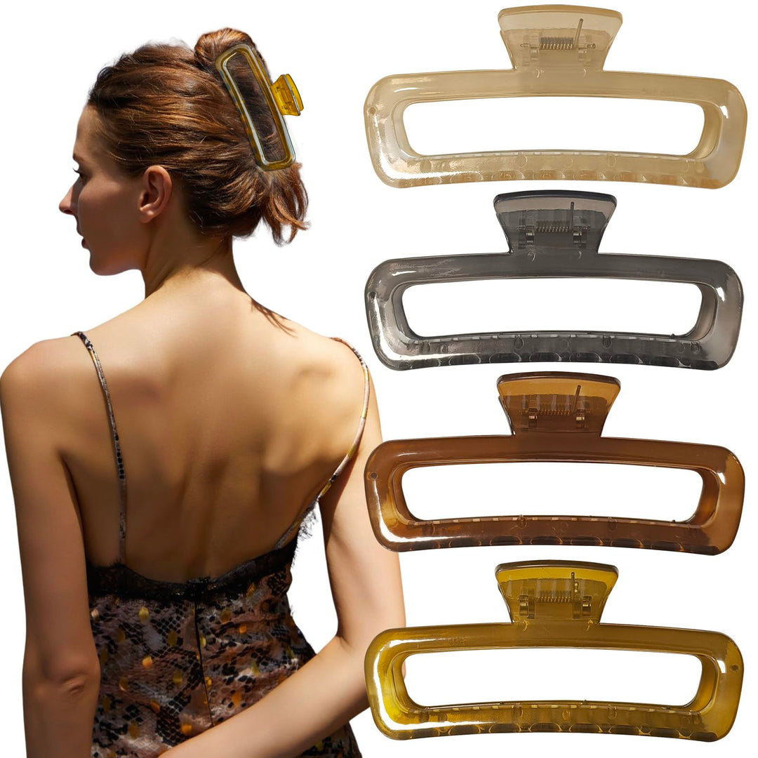 Nalodu 5 Inch Large Hair Claw Clips, No Slip Glossy Jelly Square XL Clips for Thick Long Curly Hair, Women's Big Rectangle Strong Clips, 4 Pack