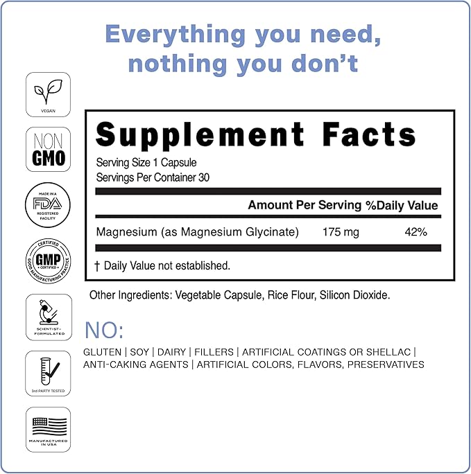 Best Magnesium Glycinate Capsules 175mg | Support for Stress Relief, Sleep, Heart Health, Nervous System and Muscles | Magnesium Supplement to Support Sleep | Vegan | 30 Day Supply - 30 Count