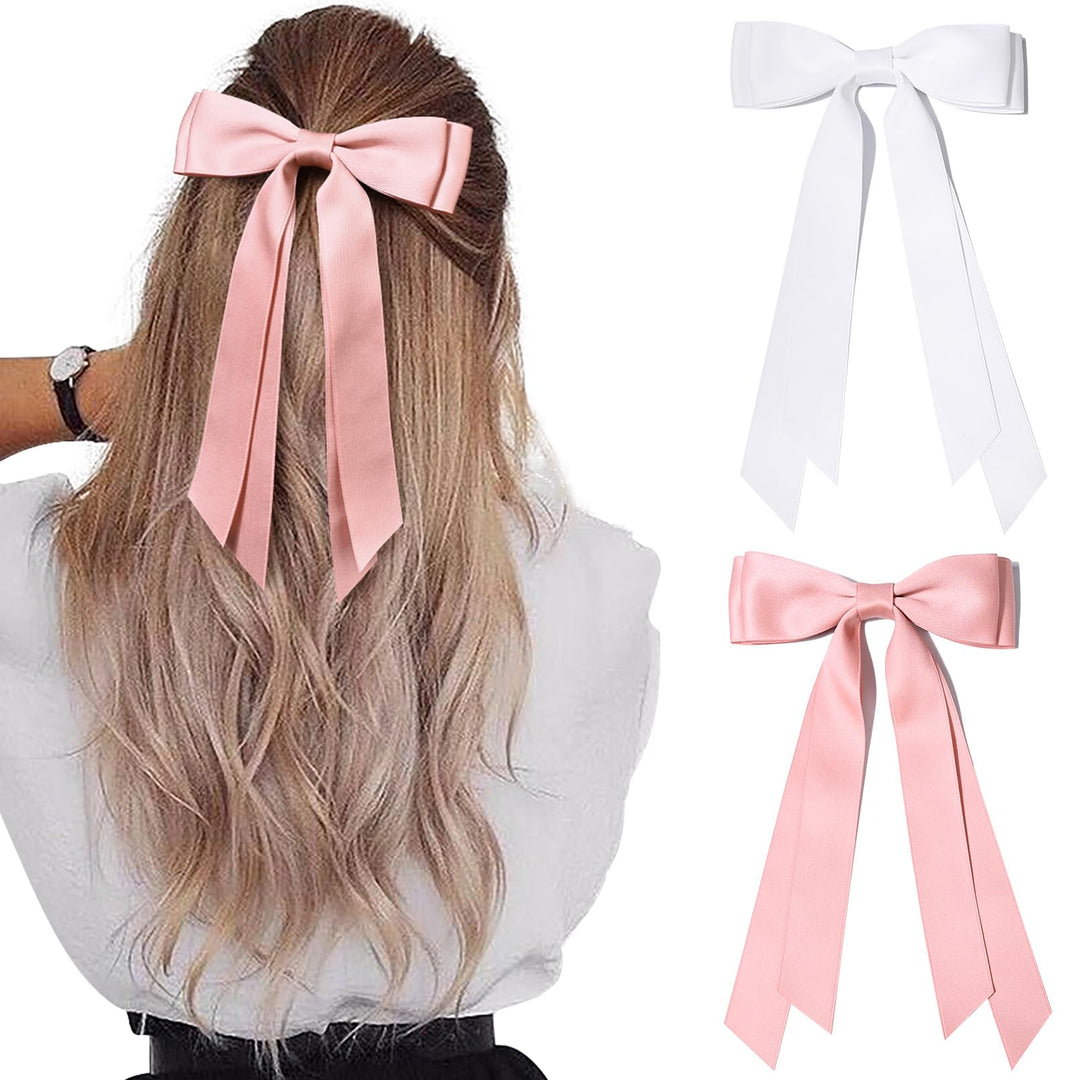 2Pcs Silky Satin Hair Bows Hair Clip Pink White Hair Ribbon Ponytail Holder Accessories Slides Metal Clips Hair Bow For Women Gi