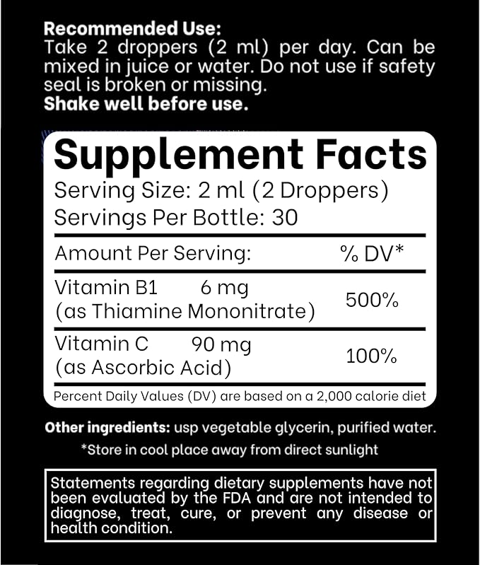 Vitamin B1 + Vitamin C Liquid Drops - Energy & Immune Support Supplement - 2 fl oz (60 ml) Pack of 2 - Fast Absorption, Easy-to-Use