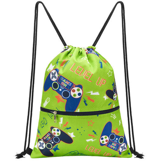WAWSAM Video Game Drawstring Backpack - Drawstring Bags for Boys Kids Swim Bag for Beach Swim Swimming Pool Draw String Bags with Zippered Pocket Waterproof Sports Gym Bag
