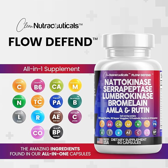 Clean Nutraceuticals Nattokinase 4000 FU Serrapeptase 120000 SPU Lumbrokinase Enzyme Supplement with Bromelain Papain Papaya Enzymes Rutin Extract Amla Magnesium Vitamin B6 & VIT C Capsules - 3Pack