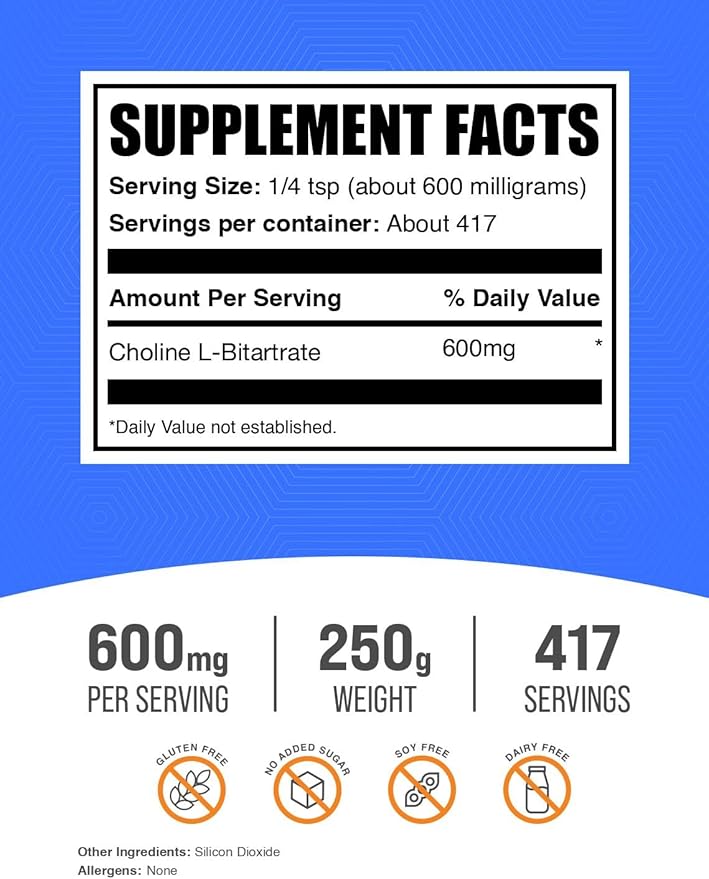 BulkSupplements.com Choline Bitartrate Powder - as Choline L-Bitartrate, Choline Supplement - Gluten Free, 600mg per Serving, 250g (8.8 oz) (Pack of 1)