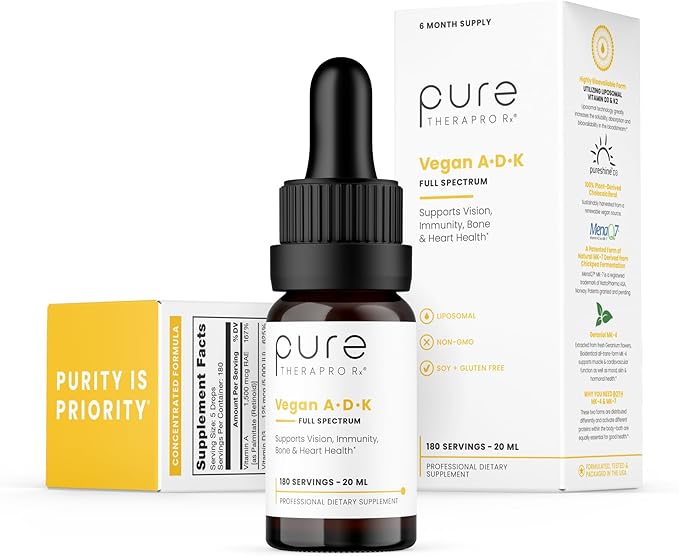 Pure TheraPro Rx Vegan A-D-K Drops-6 Mon Supply-Vitamin A(Palmitate & Betacarotene),Liposomal Vitamin D3(as vegan cholecalciferol),Liposomal Vitamin K2(MK-4 & MK-7)Supports Immunity & Bone Health-20mL