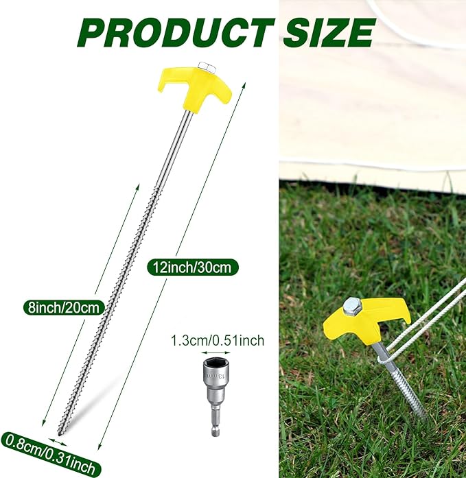 Hicarer 12 Inch Tent Stakes Screw in Camping Stakes Heavy Duty Metal Stake Ground Anchor Peg Threaded Tent Spikes with Hex Head Driver for Camping Garden Inflatable
