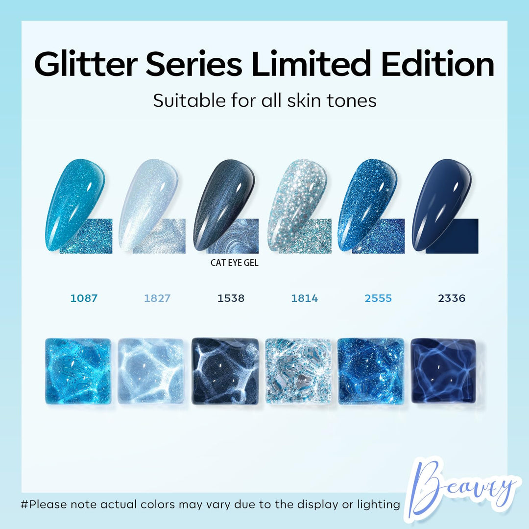 modelones Gel Nail Polish Set 6 Colors Blue Glitter Galaxy Dark Blue 9D Cat Eye Gel Nail Polish with Magnet Light White Shimmer Pearl Soak Off Led Nail Art DIY Salon Gift For Women