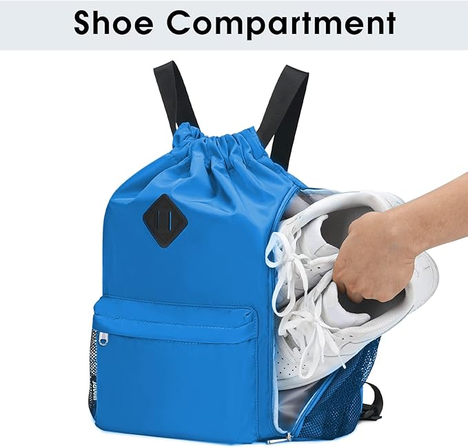WANDF Drawstring Backpack Sports Gym Bag with Shoes Compartment, Water-Resistant String Backpack Cinch for Women Men(Large,Dark blue)