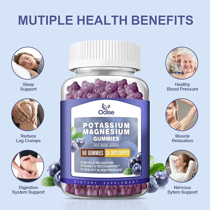 Potassium Magnesium Gummies for Adults Kids, High Absorption Potassium Citrate 99mg Magnesium Citrate 400mg, Chewable Gummy Supplements for Leg Cramps & Heart Health Blueberry 60 Count(Pack of 2)