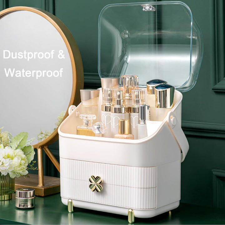 Preppy Makeup Organizer | 3-Tier Cosmetic Storage Box | Ivory White, Portable