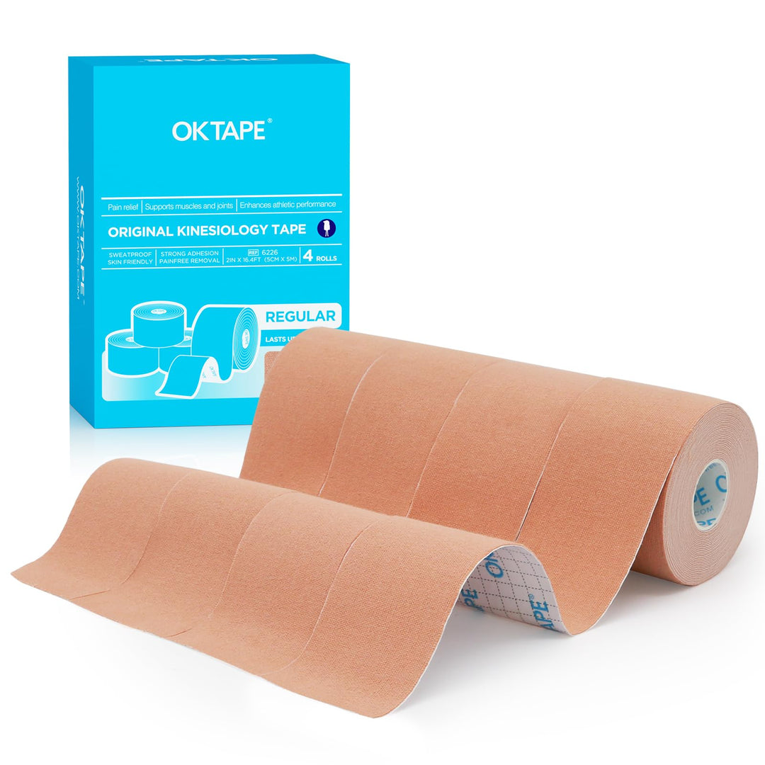 OK TAPE Regular Kinesiology Tape (4 Pack), Original Cotton Athletic Tape for Support Muscle Joint Knee, Sports Waterproof Tape Uncut Strips Latex Free, Hypoallergenic, Pain Relief, 2in×16.4ft - Beige