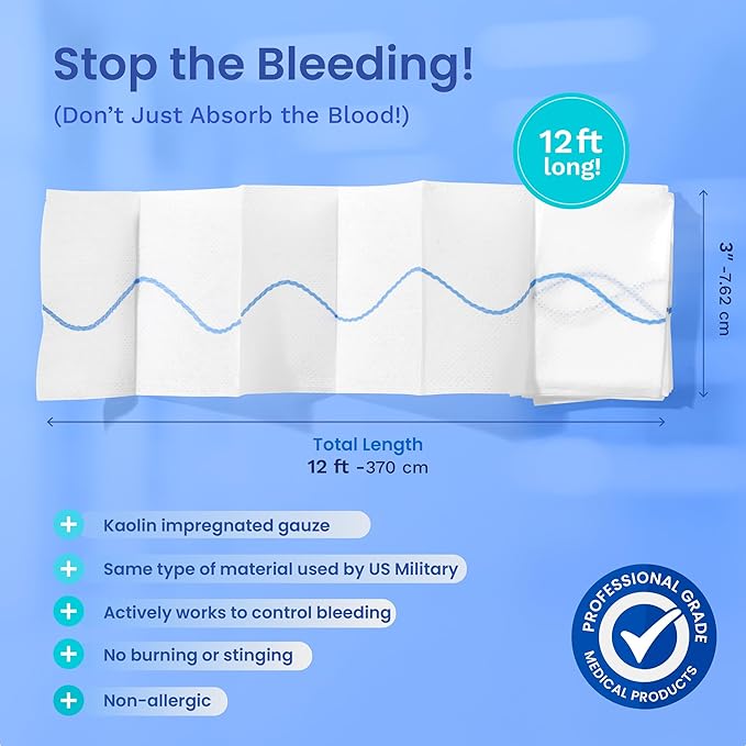 Advanced Kaolin Hemostatic Bandage – Sterile Z-Fold Clotting Gauze (3 in. x 12 ft) | Stops Bleeding Fast for Emergency, Trauma, First Aid, and Survival Kits (2-Pack)
