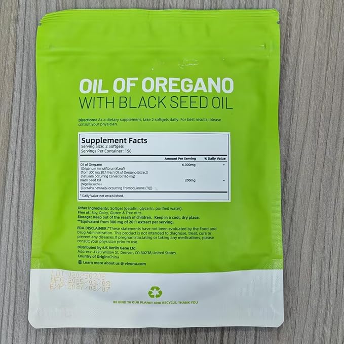 Oil of Oregano Capsules, Balanced Oil of Oregano with Black Seed Oil, Organic Oregano Oil Softgels,Carvacrol,Thymoquinone, Non-GMO