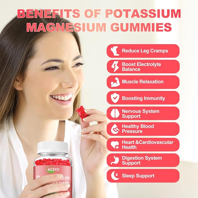 2 Pack Potassium Magnesium Gummies for Adult Kids High Absorption Leg Cramps & Muscle & Heart Health Immune Health Raspberry Magnesium Gummies Chewable Gummy Supplement Vegan Non-GMO
