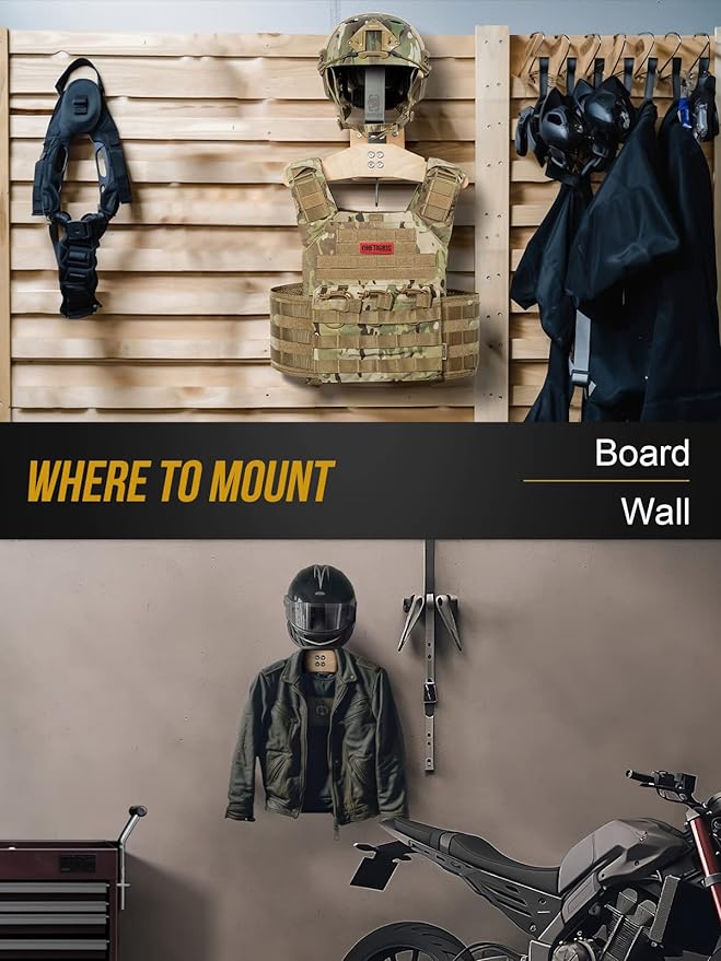 OneTigris Tactical Gear Wall Mount, Motorcycle Helmet Holder Stand Jacket Hanger Plate Carrier Rack Display Organizer for Police Football Cycling Suit