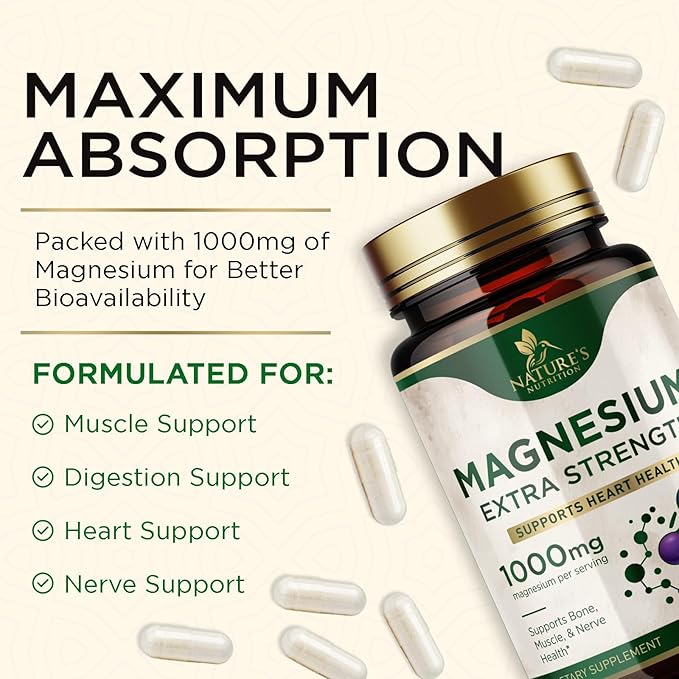 Magnesium Supplement (Citrate Oxide) 1000mg for Best Absorption, Supports Bone, Heart Health, Nerves, Muscles & Metabolism, Nature's Pure Magnesio Vitamin Pills, Bottled in USA, 120 Capsules