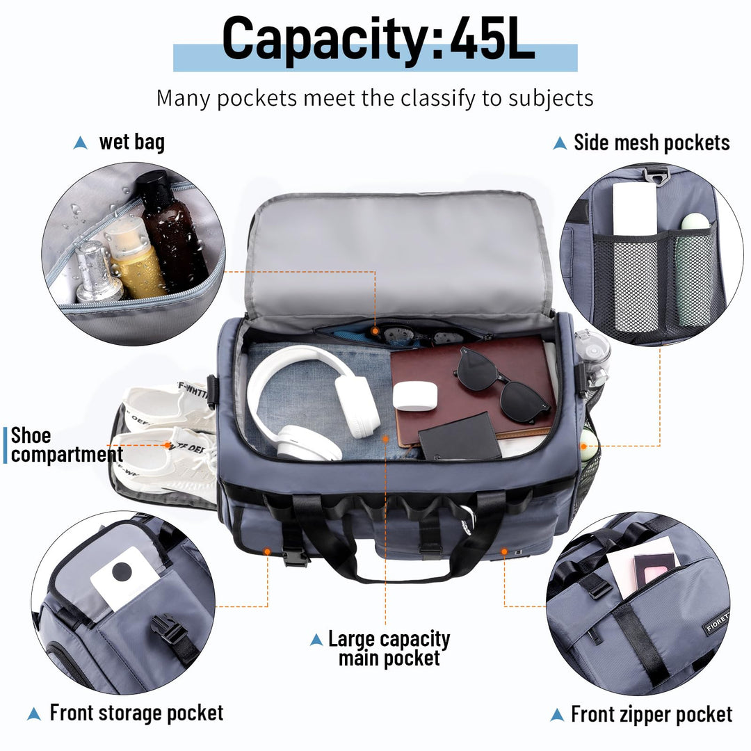 FIORETTO Women's Men's Water-Resistant Gym Duffle Bag with Shoes Compartment, 45L Capacity, Multi-Functional, Ideal for Travel, Gym, Sports, Weekender, Blue