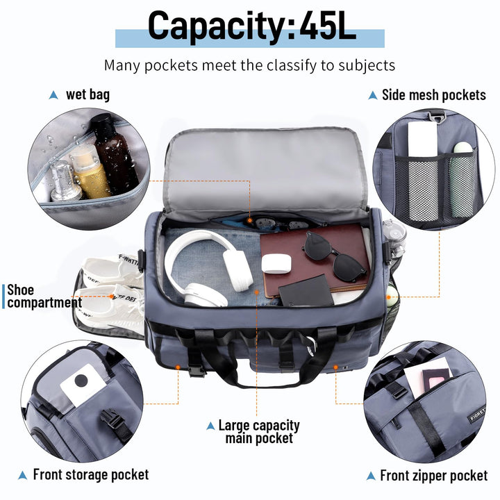 FIORETTO Women's Men's Water-Resistant Gym Duffle Bag with Shoes Compartment, 45L Capacity, Multi-Functional, Ideal for Travel, Gym, Sports, Weekender, Blue