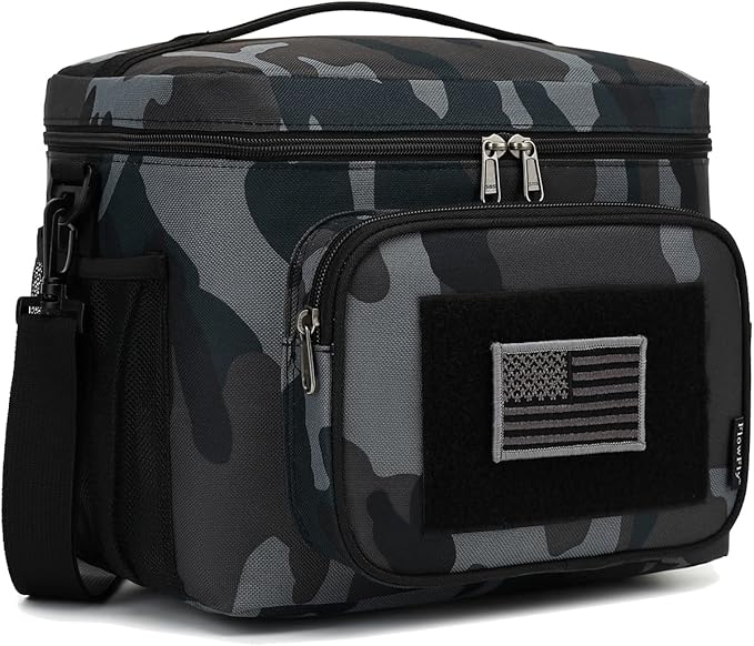 FlowFly Lunch Bag, Insulated Cooler, Thermal Lunch Box Tote with MOLLE/PALS Webbing, Adjustable Padded Shoulder Strap, for Tactical Men Women Adults and Boys Girls Kids (Black#Camo, Large)