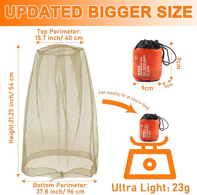 Benvo Mosquito Head Net Mesh, Face Neck Fly Netting Hood from Bugs Gnats Noseeums Screen Net for Any Outdoor Lover- with Carry Bags Fits Most Sizes of Hats Caps (2pcs, Khaki, Updated Big Net)