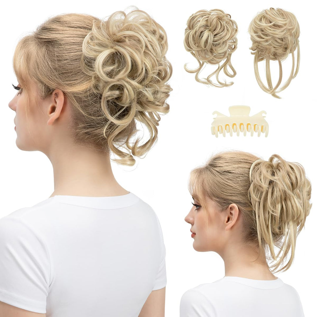 SARLA 2PCS Blonde Messy Bun Hair Pieces for Women Detachable Claw Clip Wavy Curly Synthetic Hairpieces for Updos with Tendrils Fake Scrunchies Ponytail Extension Dirty Blonde