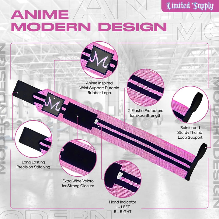 Anime Wrist Wraps Lifting Straps 24" for Men and Women - 1 Pair Each, Gym Accessories Support Weightlifting, Exercise, Strength Training, and Improve Workout, Pinkbu