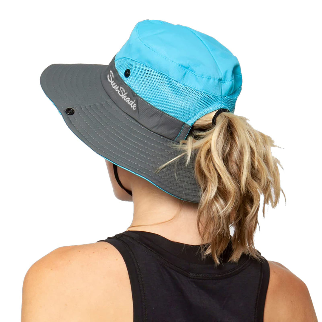 Women's Outdoor UV-Protection-Foldable Sun-Hats Mesh Wide-Brim Beach Fishing Hat with Ponytail-Hole (Blue)