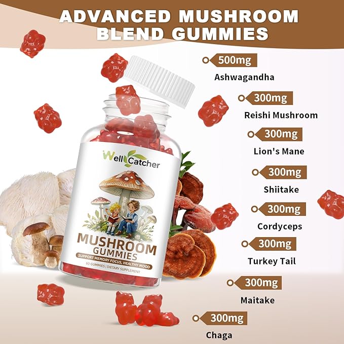 Mushroom Gummies Supplement with Ashwagandha - Lion Mane Mushroom Supplement for Adults Kids with Reishi Cordyceps Brain Supplements for Memory and Focus Organic Vegan Non GMO Mixed Fruit Flavor 60CT