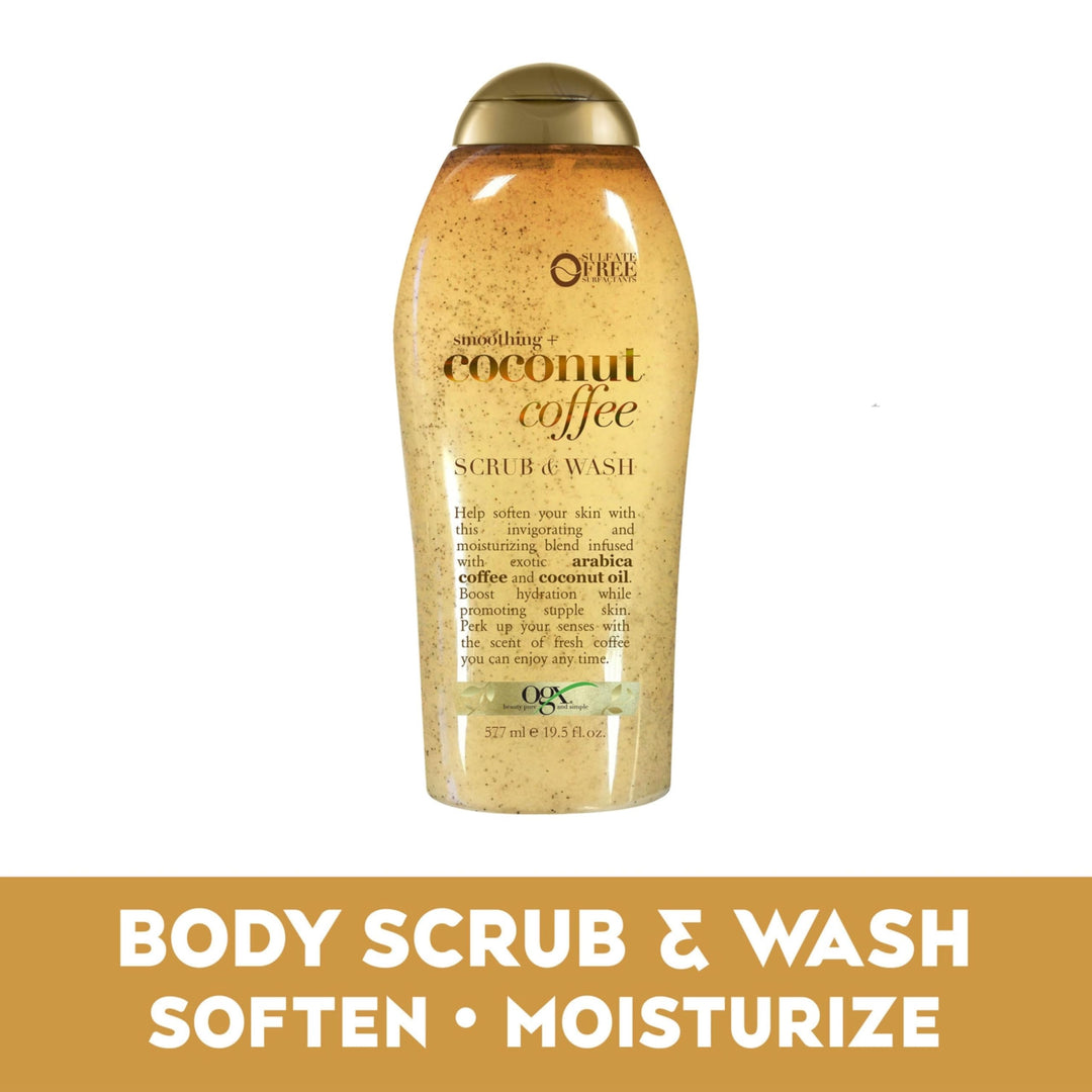 OGX Smoothing + Coconut Coffee Exfoliating Body Scrub with Arabica Coffee & Coconut Oil, Moisturizing Body Wash for Dry Skin, Paraben-Free with Sulfate-Free Surfactants, 19.5 Fl Oz