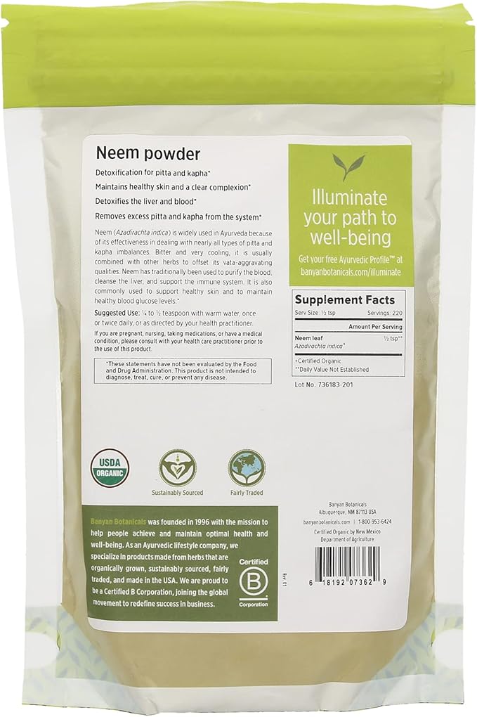 Banyan Botanicals Neem Powder - Organic Azadirachta Indica - Purifying Ayurvedic Herb for Healthy Skin & Blood* – 1/2 lb. – Fair for Life Sustainably Sourced Non-GMO Vegan