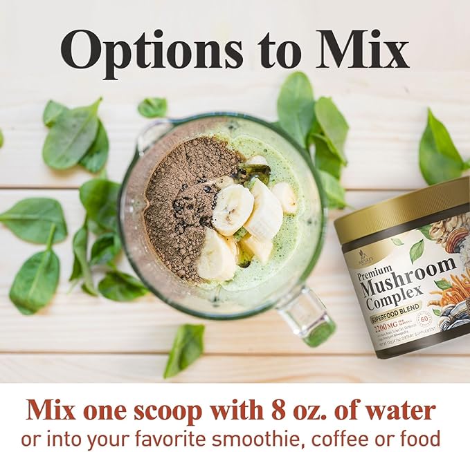 Mushroom Powder - 11 in 1 Complex Mushroom Supplement with Organic Lions Mane, Reishi, Cordyceps, Chaga, Turkey Tail, Maitake Extract for Memory, Brain, Energy, Focus, & Immune Support - 60 Servings