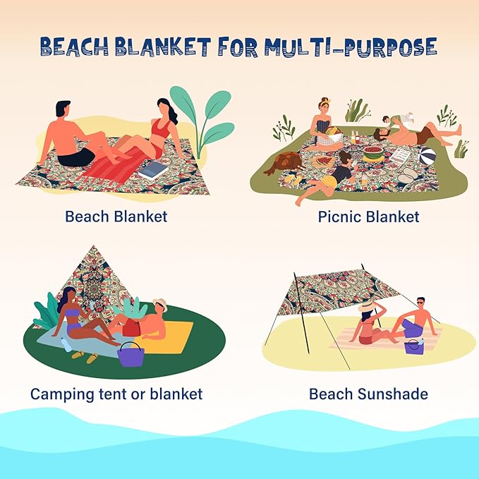 Beach Blanket Waterproof Sandproof 1-7 Adult Oversized 78 '' × 81 '' Lightweight Durable Compact Sand Free Beach Mat for Travel Camping Hiking Picnic Blanket Extra Large