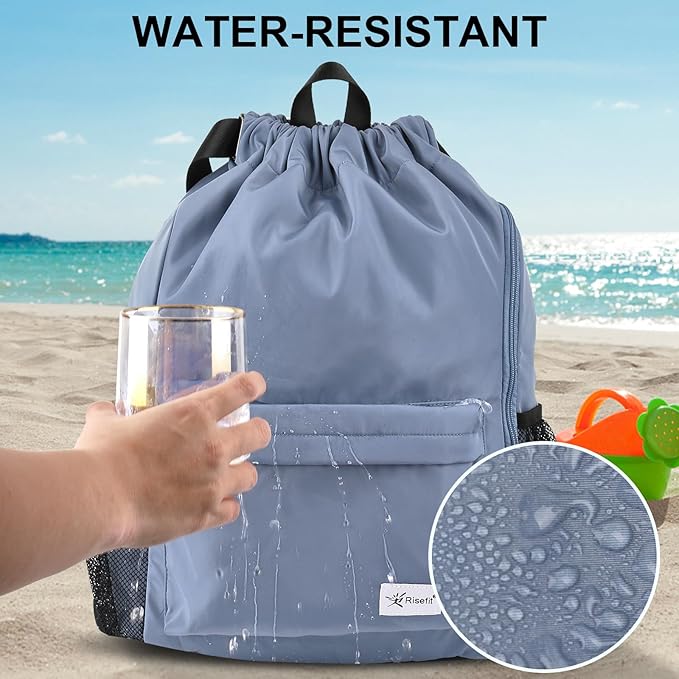 Drawstring Backpack with Mesh Pockets String Gym Bag Sackpack Sandproof Water Resistant Beach Backpack for Men Women
