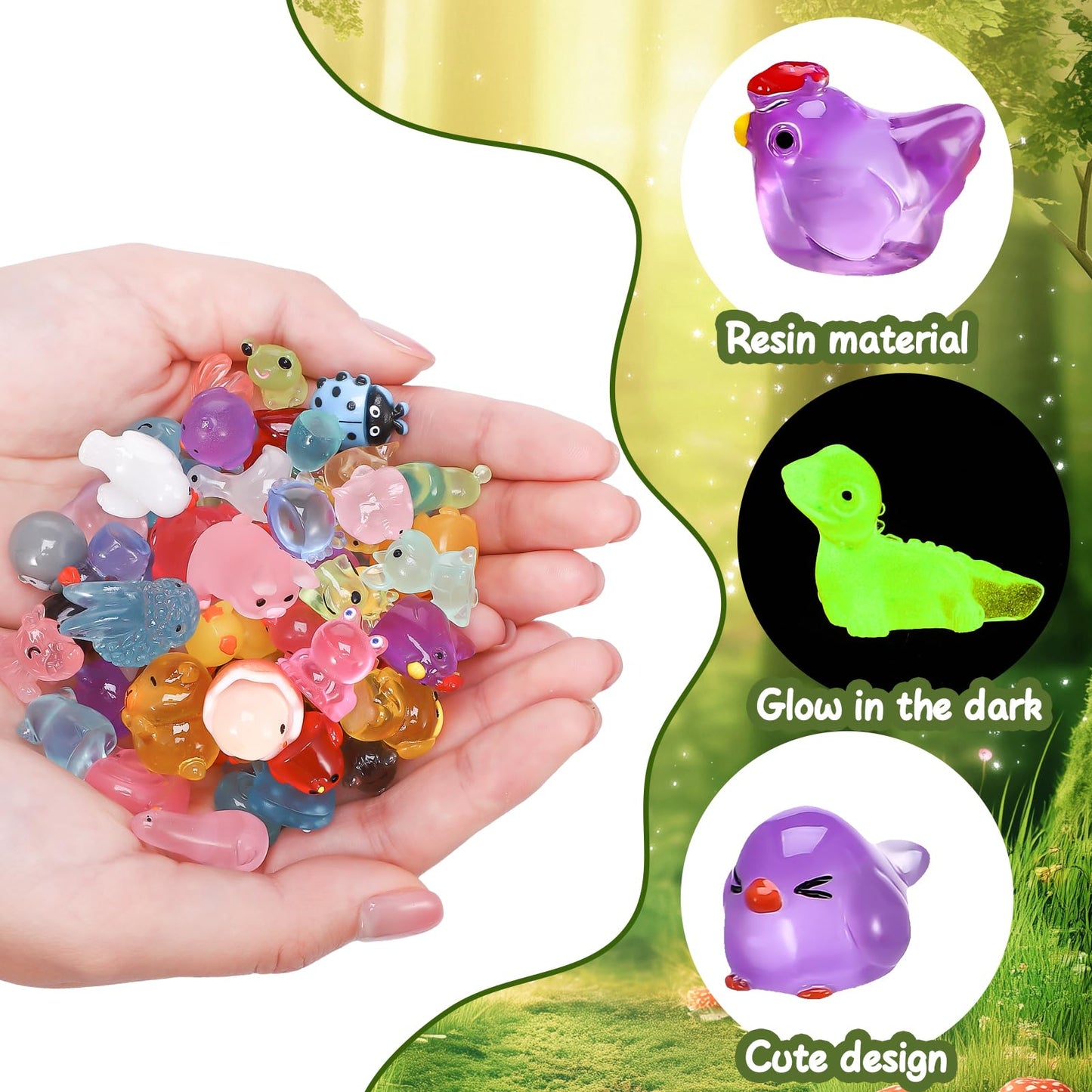 55PCS Mini Resin Animals, 55 Styles Glow in The Dark Mini Animals Luminous Resin Animal Tiny Small Animal Miniature Figures for Garden Dollhouse Decor