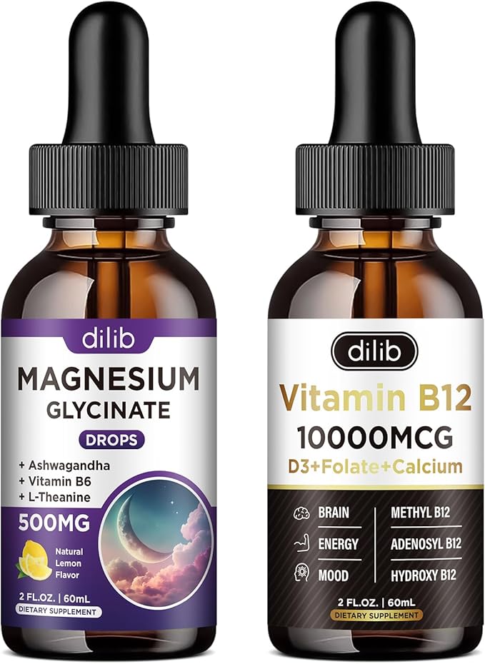 Magnesium Glycinate Liquid Drops Supplement | Vitamin B12 Complex Liquid Drops | Bundle