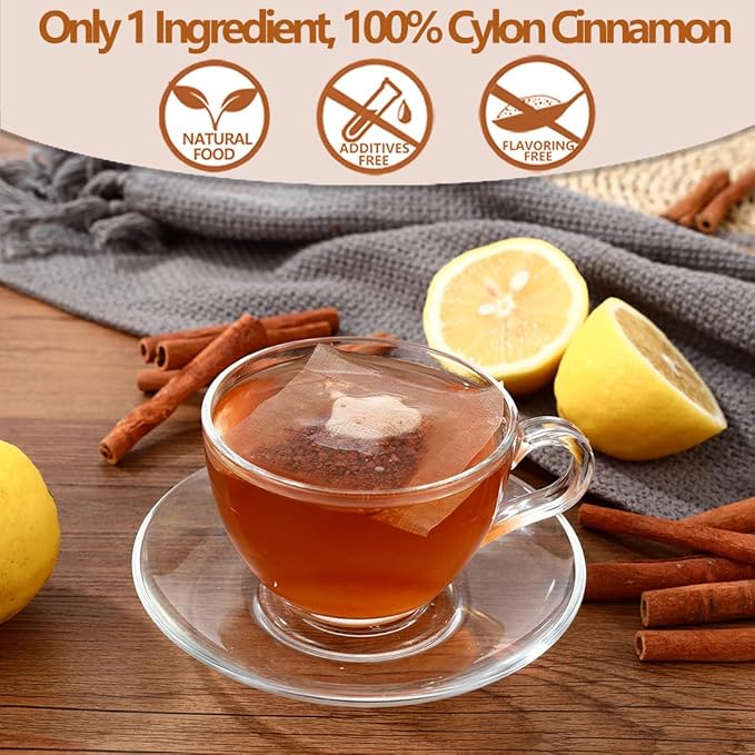 Premium 50 Pure Ceylon Cinnamon Tea Bags, Made with 100% Ceylon Cinnamon Sticks, No Additives & Caffeine Free.