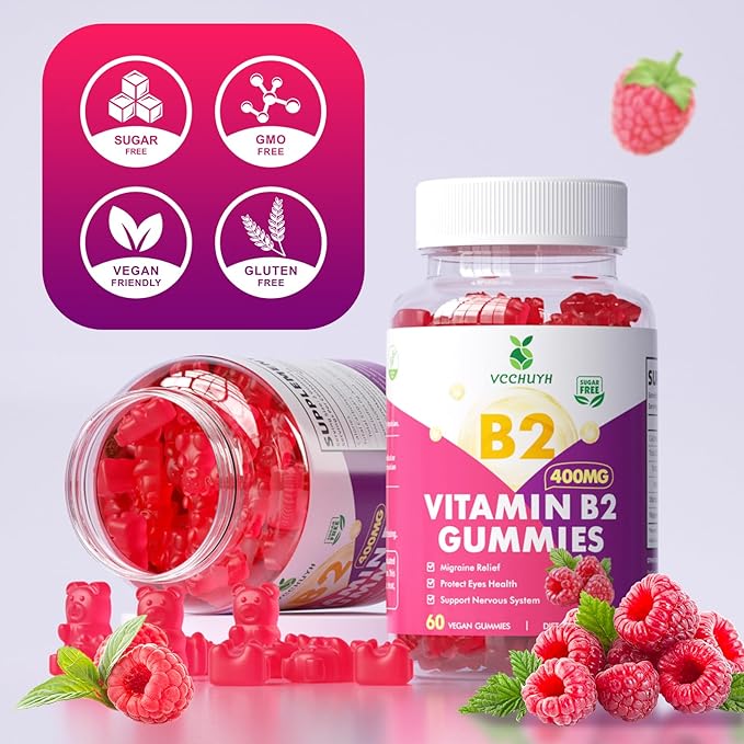Vitamin B2 Gummies for Kids & Adults, VIT B2 Riboflavin 400mg Supplement with Magnesium for Migraine Relief & Nervous System Support, Non-GMO, Vegan, Raspberry Flavor 120 Count