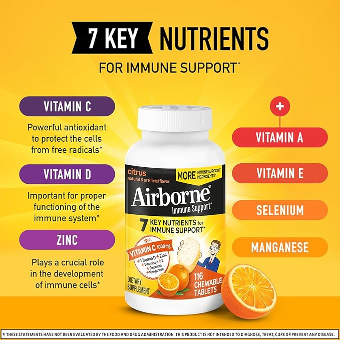 Airborne 1000mg Vitamin C + Zinc Immune Support Supplement Chewable Tablets, Citrus Flavor with Powerful Antioxidants Vitamins A C & E, 116 Chewable Tablets (2 Pack)