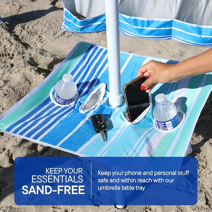 6x6 Easy Up Cabana - Sun Shelter with Privacy Wall, Canopy Includes Umbrella Table Tray, Towel Hanger, and Sand Anchor Shade (Beach Stripes)